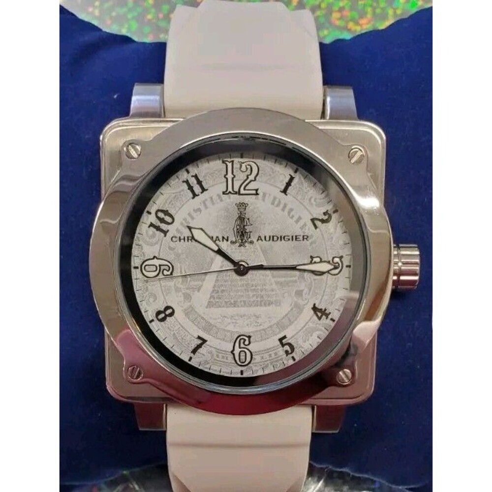 NEW Christian Audigier Watch Glow Arm Silver Tone Round Face White Silicone Band - Picture 3 of 16